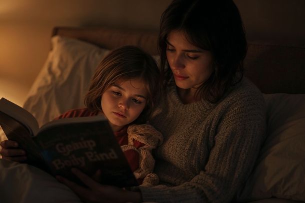 Parent lisant une histoire du soir à son enfant dans une ambiance rassurante Parent lisant une histoire du soir à son enfant dans une ambiance rassurante