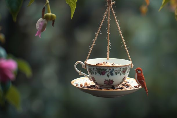 mangeoire oiseaux à fabriquer soi-même avec tasse vintage
